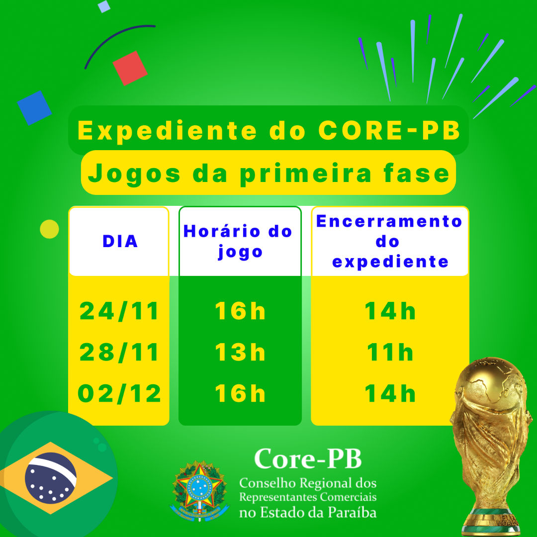 Expediente CORE-PB dias de jogos da Seleção Brasileira na Copa do Mundo 2022